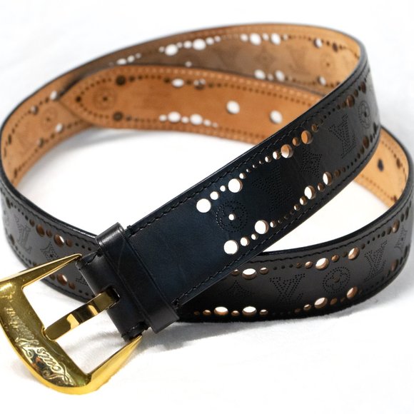 Louis Vuitton Black Perforated Leather Phoenix Belt Designer Size 90 | 36 - Picture 3 of 10